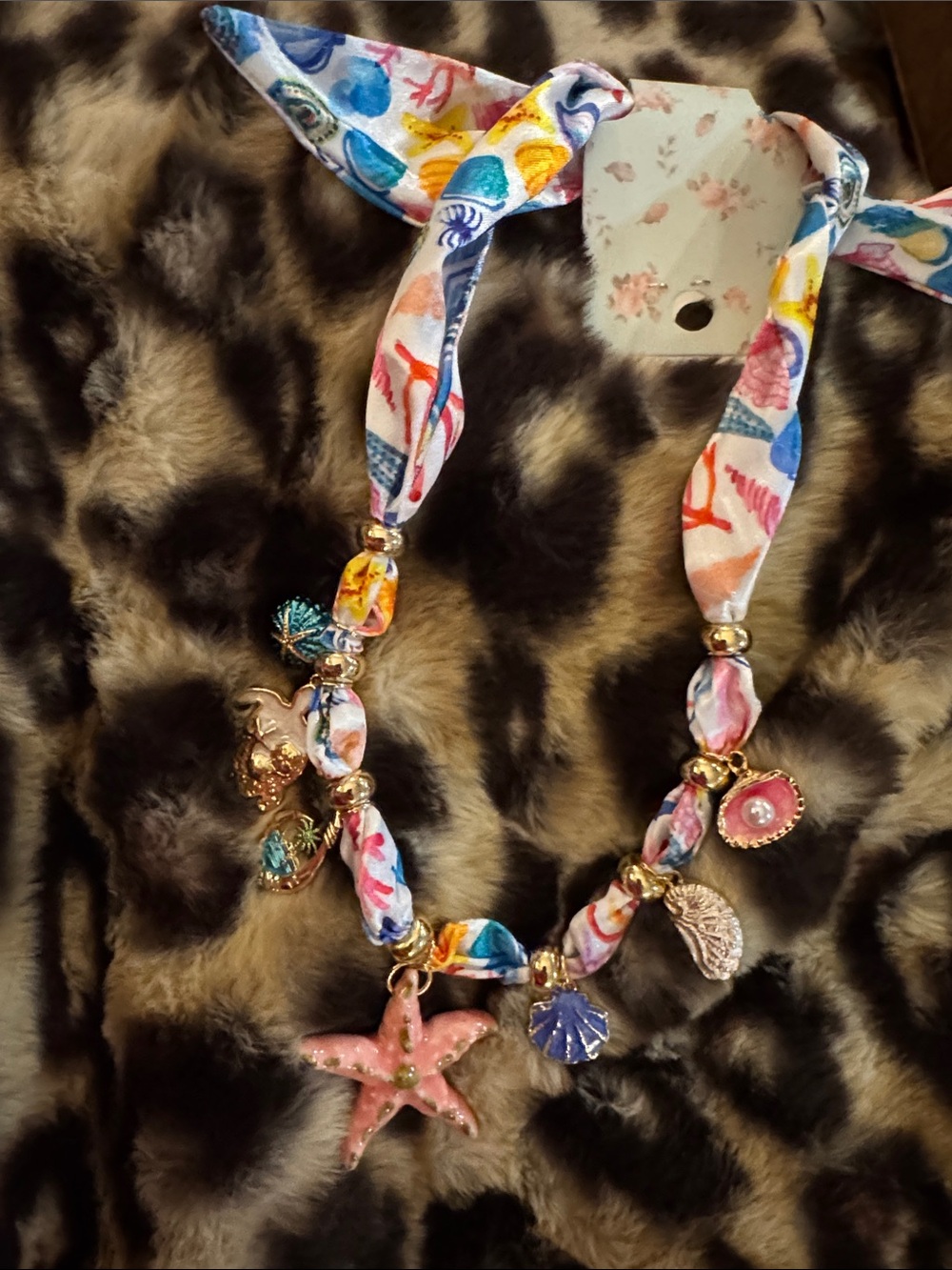Multicolor Seashell Charm Scarf Necklace with Pink Starfish